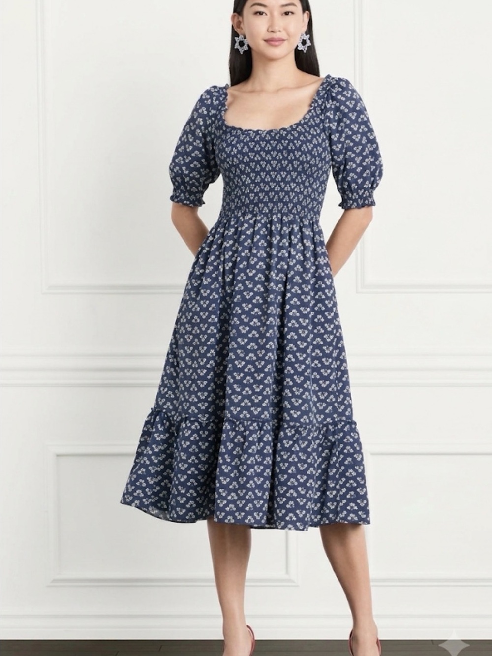 Hill House Home The Louisa Nap Dress Navy Floral Smocked Midi XL